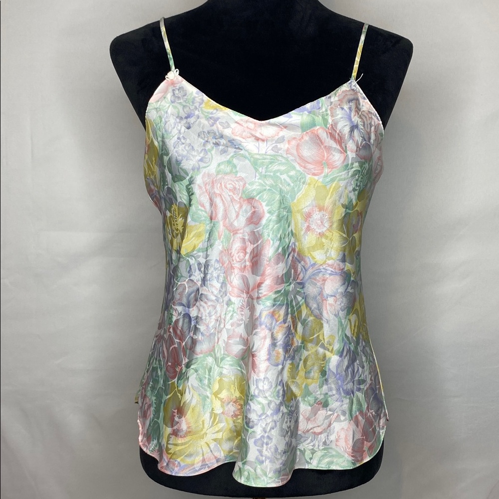 Vintage 1980’s Erika Taylor Pastel Floral Satin Tank Top Cami